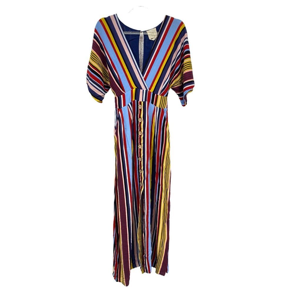 Harper Heritage Dress Colorful Stripe V-Neck‎ Button Up Slit Rayon Sz XS Lined